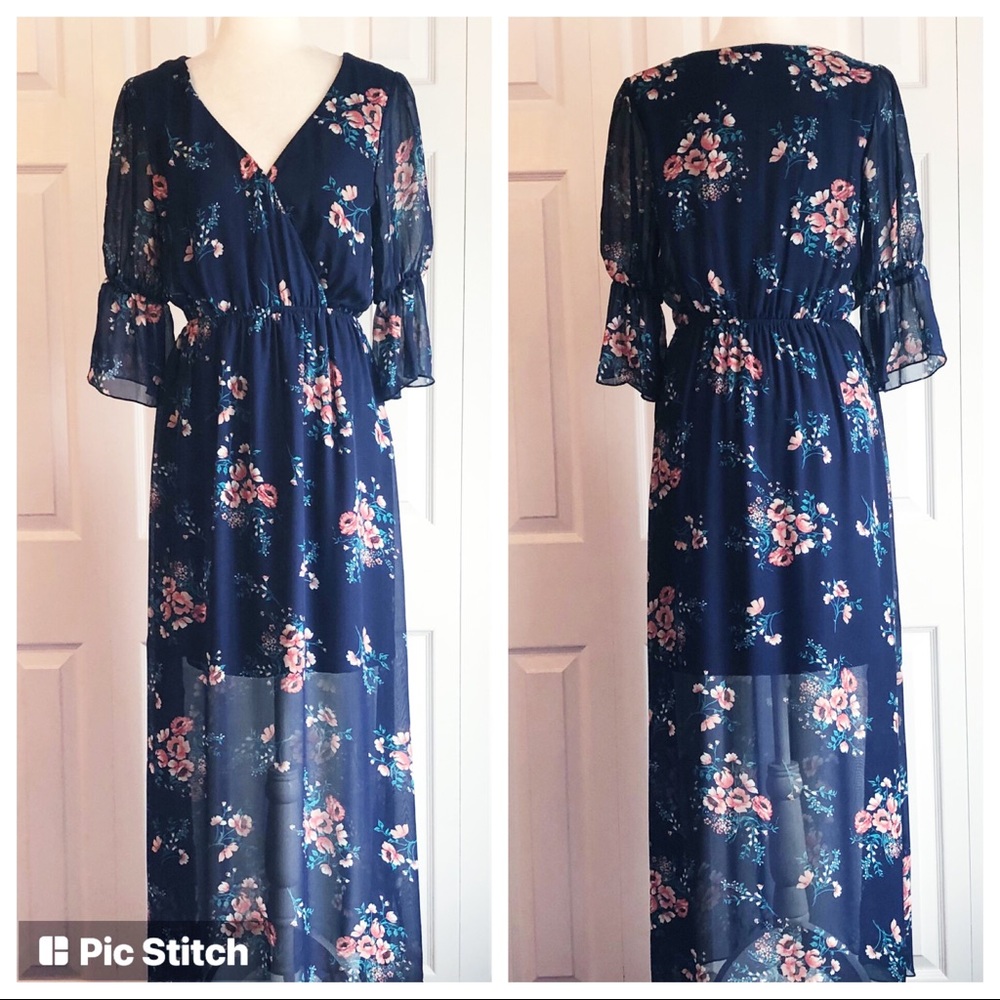 Club Soda Boho Blue Floral Print Faux Wrap Sheer Maxi Dress Large